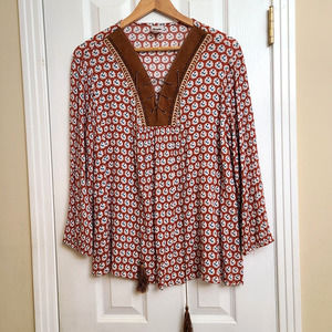 Wrangler Womens Floral Gauzy Faux Suede Tassel Red Blue Western Boho Top Size L